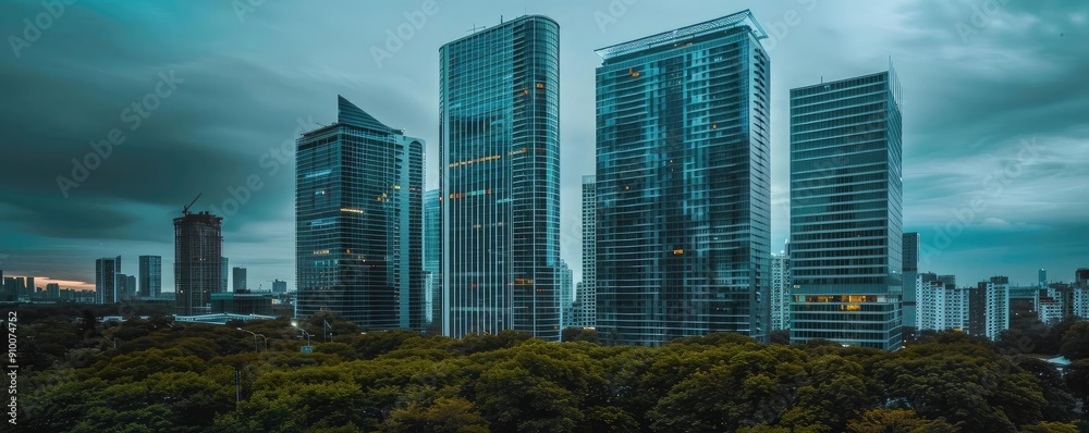 Obraz premium Modern skyscrapers rise above lush greenery, showcasing urban architecture against a dramatic sky. A testament to city development.