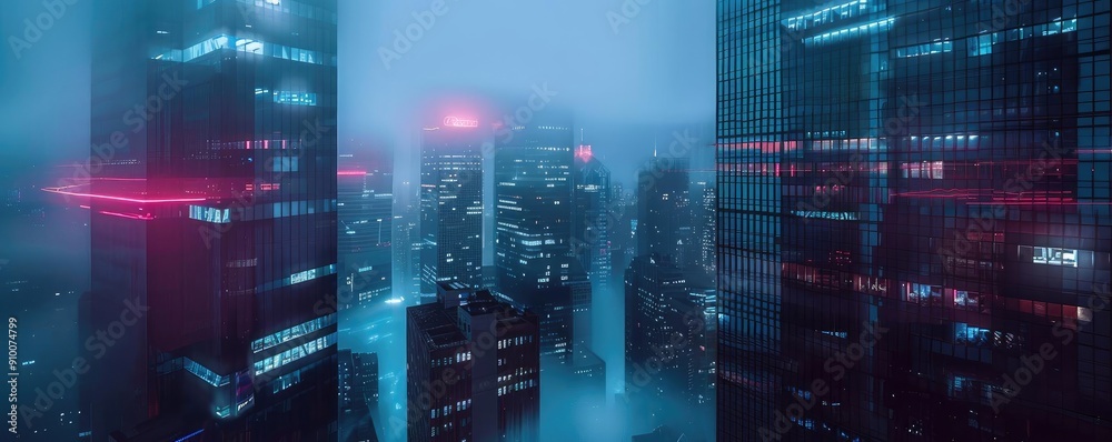 Fototapeta premium A futuristic city skyline shrouded in mist, illuminated by neon lights, showcasing modern architecture and vibrant colors.