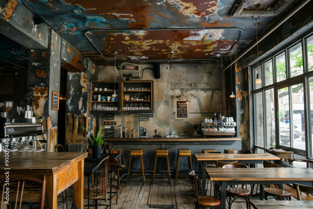 Urban cafe interior with abstract corroded metal ceiling, reclaimed wood tables. Urban cafe interior with abstract corroded metal ceiling, reclaimed wood tables.