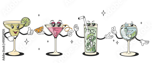 A set of retro cocktails with groove-style characters with different poses and emotions. Gin tonic, cosmopolitan, margarita, mojito. Vintage design of quirky characters with a modern twist