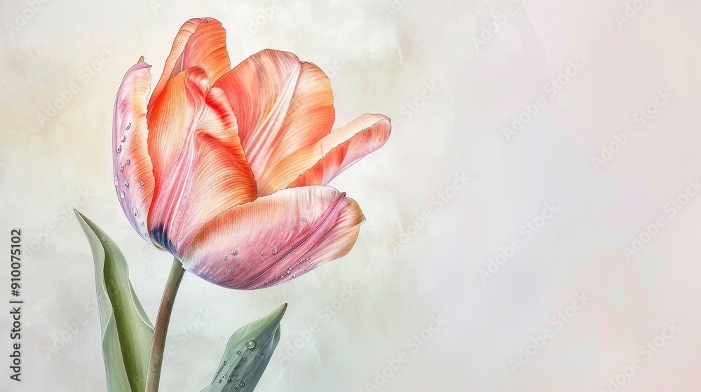 Obraz premium Hand drawn tulip in watercolors, close up, blooming in soft pastels, with morning dew highlighting its fragile beauty