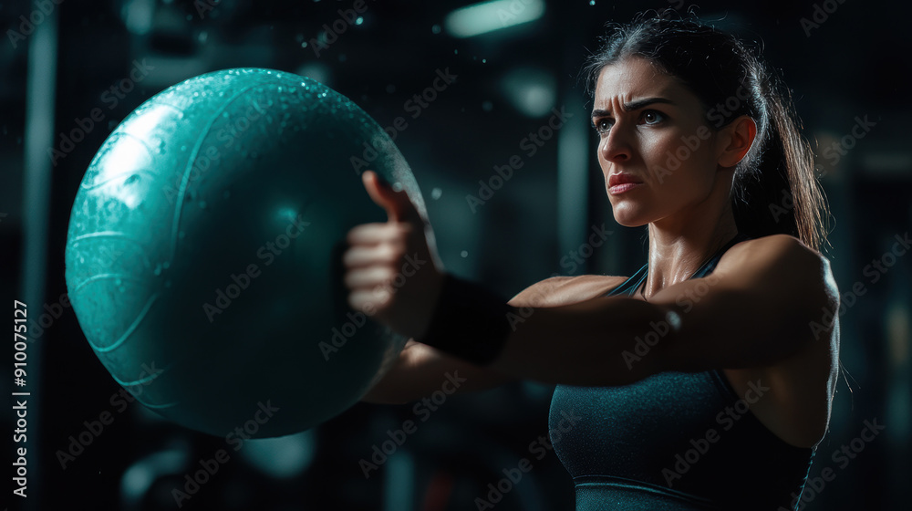 Naklejka premium Determined Woman Exercising with Medicine Ball in Gym