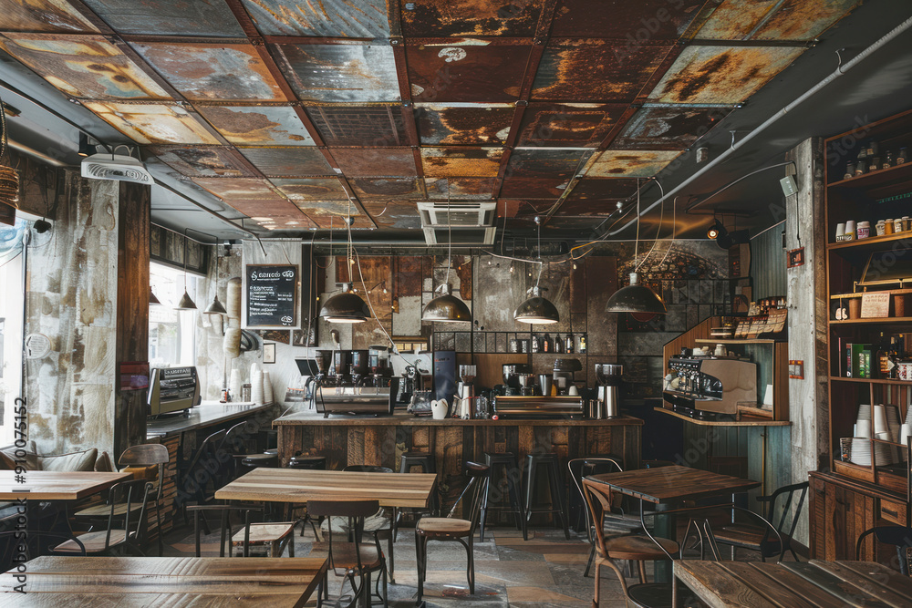 Urban cafe interior with abstract corroded metal ceiling, reclaimed wood tables. Urban cafe interior with abstract corroded metal ceiling, reclaimed wood tables.