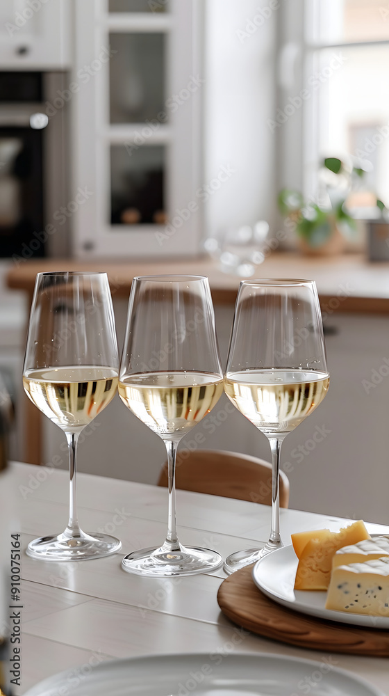 three glasses of white wine, cheese on the background of a minimalist kitchen three glasses of white wine, cheese on the background of a minimalist kitchen
