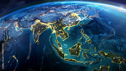 Earth at night, showing Southeast Asia, lit by city lights. photo