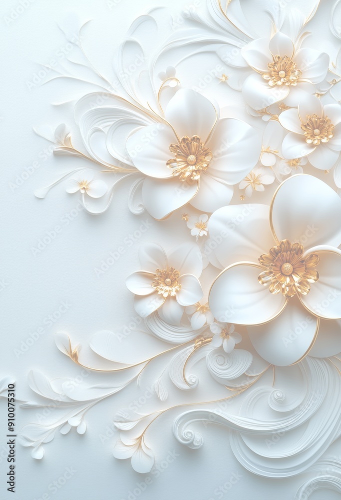 金色の花と渦巻きの3D白背景 金色の花と渦巻きの3D白背景