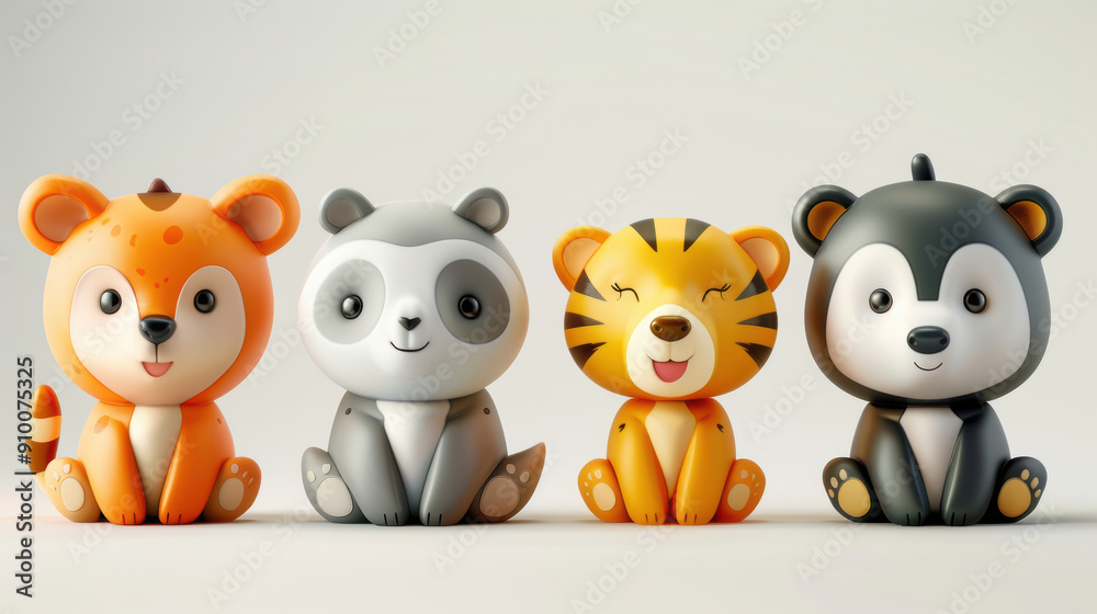 3d cartoon animals sitting in a row on white background 3d cartoon animals sitting in a row on white background