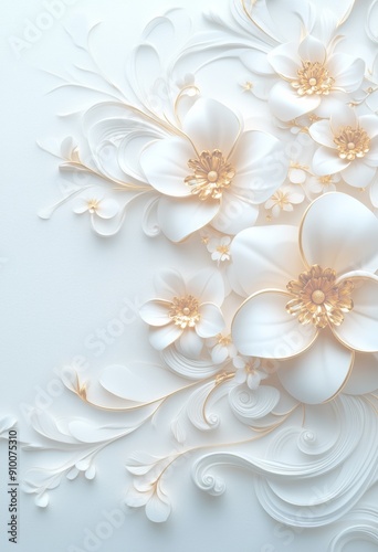 金色の花と渦巻きの3D白背景