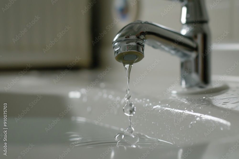 Water dripping from faucet into sink. Water dripping from faucet into sink.