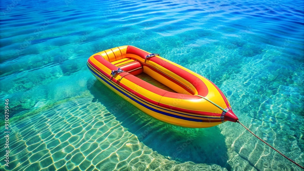 A yellow rubber boat with red and blue stripes floating on a clear, cerulean sea, with the colorful stripes adding a playful touch to the serene water setting. A yellow rubber boat with red and blue stripes floating on a clear, cerulean sea, with the colorful stripes adding a playful touch to the serene water setting.