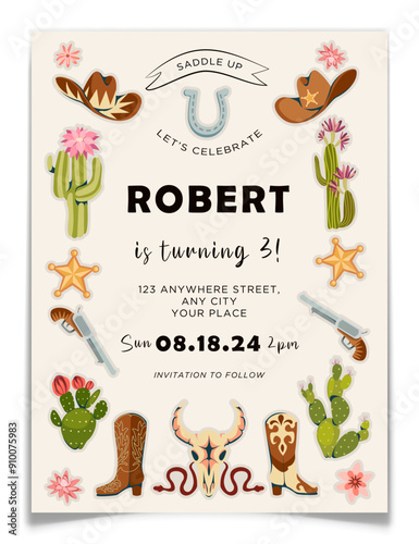 Wild West Cowboy Birthday Party Invitation Card.