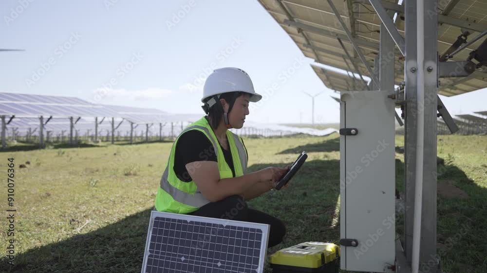 female technician working with tablet in solar power station female technician working with tablet in solar power station