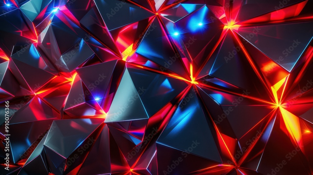 Abstract geometric shapes with vibrant red and blue lighting creating a futuristic and dynamic visual effect.