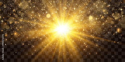 Radiant light effect with magical dust particles. Brilliant sun with a shimmering glow. Transparent vector sunlight with floating light particles. PNG light. Christmas vector illustration on a transpa