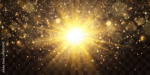 Radiant light effect with magical dust particles. Brilliant sun with a shimmering glow. Transparent vector sunlight with floating light particles. PNG light. Christmas vector illustration on a transpa