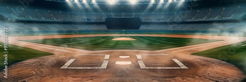 Empty baseball field with dugouts and a stadium backdrop