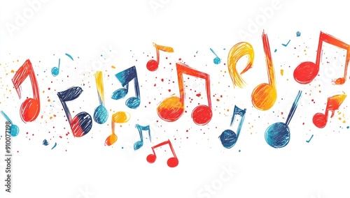 Colorful Music Notes Scattered on White Background