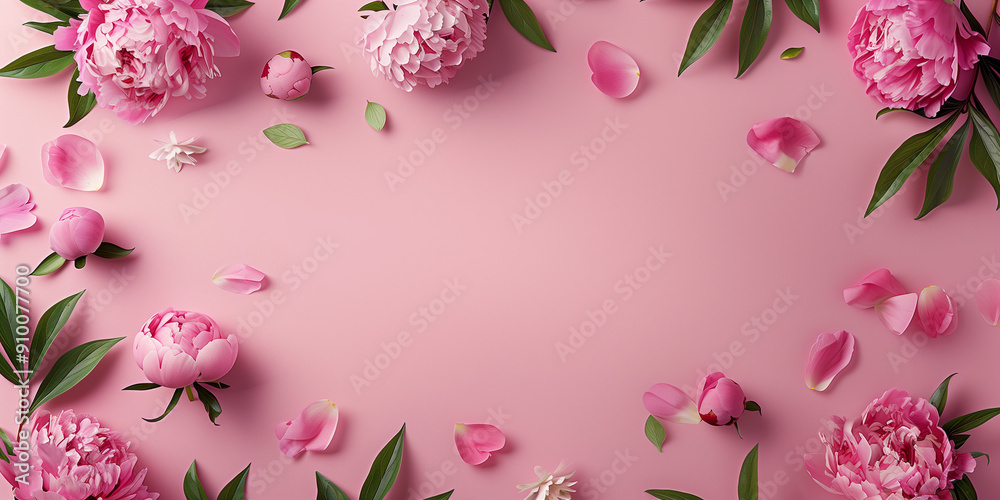 Photo of pink peonies on a pink background, in a flat lay with copy space Photo of pink peonies on a pink background, in a flat lay with copy space