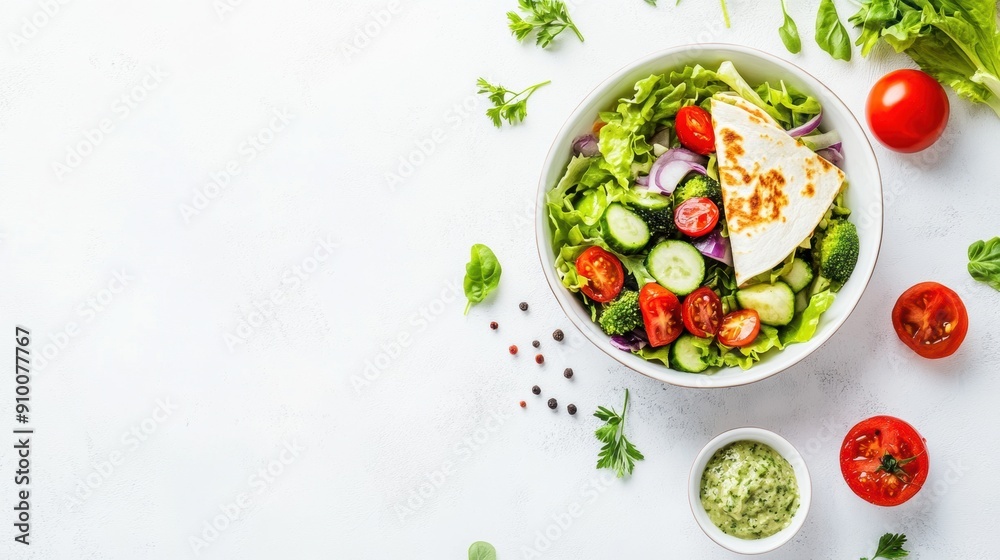 Fresh vegetarian salad with feta cheese on white background