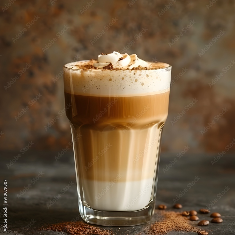 Layered Coffee Drink with Oat Milk in a Transparent Glass Showcasing the Inviting Textures and Colors Layered Coffee Drink with Oat Milk in a Transparent Glass Showcasing the Inviting Textures and Colors