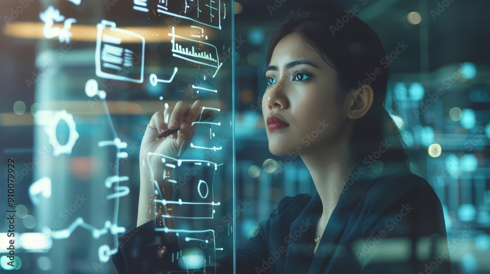 Focused businesswoman working with digital interface. Focused businesswoman working with digital interface.