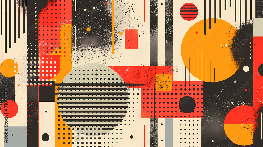 Abstract geometric design with bold colors and patterns, featuring red, orange, black, and white, reminiscent of retro mid-century modern style. Abstract geometric design with bold colors and patterns, featuring red, orange, black, and white, reminiscent of retro mid-century modern style.