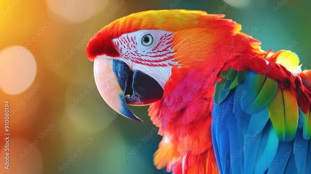 Obraz premium Vibrant macaw with rainbow feathers, the word 'Macaw' in colorful hues