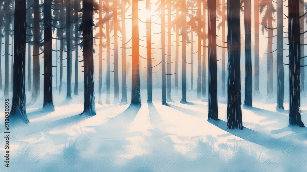 Sunlight shines through the trees in a snowy winter forest. Sunlight shines through the trees in a snowy winter forest.