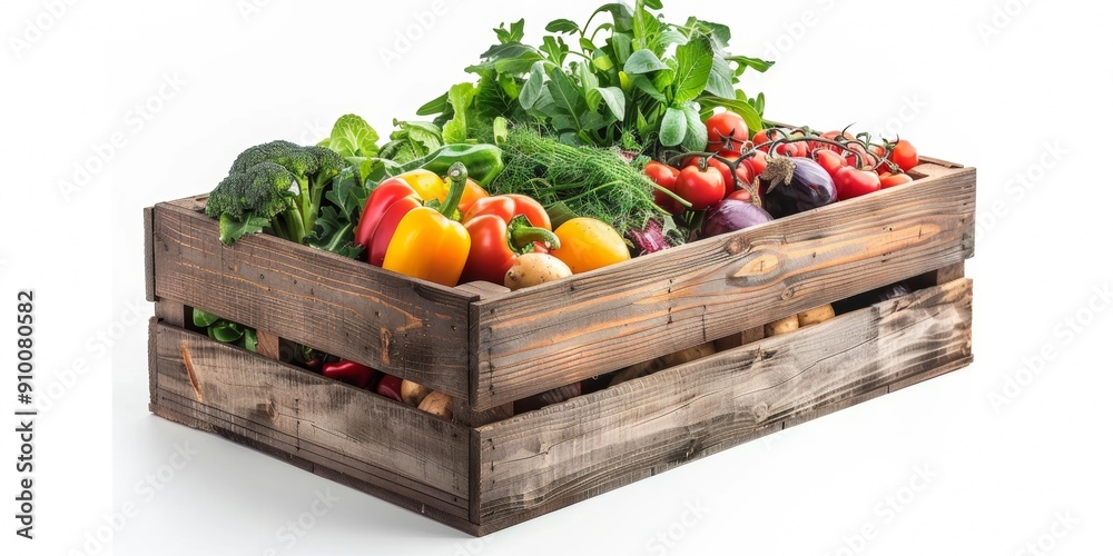 Wooden crate filled with fresh produce, including tomatoes, onions, yellow peppers, cauliflower and greens. Wooden crate filled with fresh produce, including tomatoes, onions, yellow peppers, cauliflower and greens.