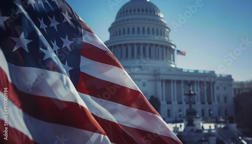 United States Flag with the Capitol Building in the Background