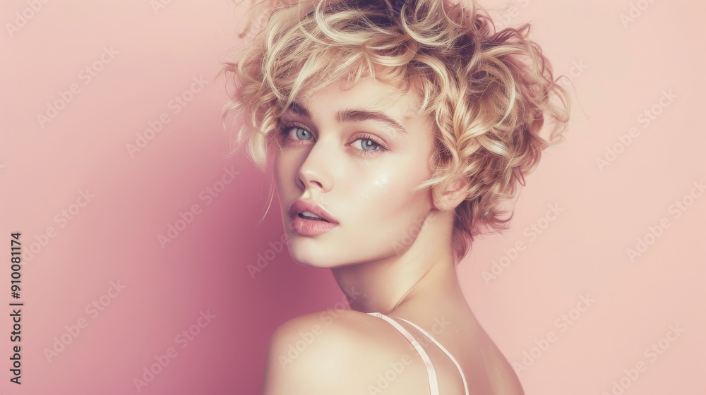 Person with short curly blonde hair gazes confidently at the camera against a pastel pink background. Person with short curly blonde hair gazes confidently at the camera against a pastel pink background.