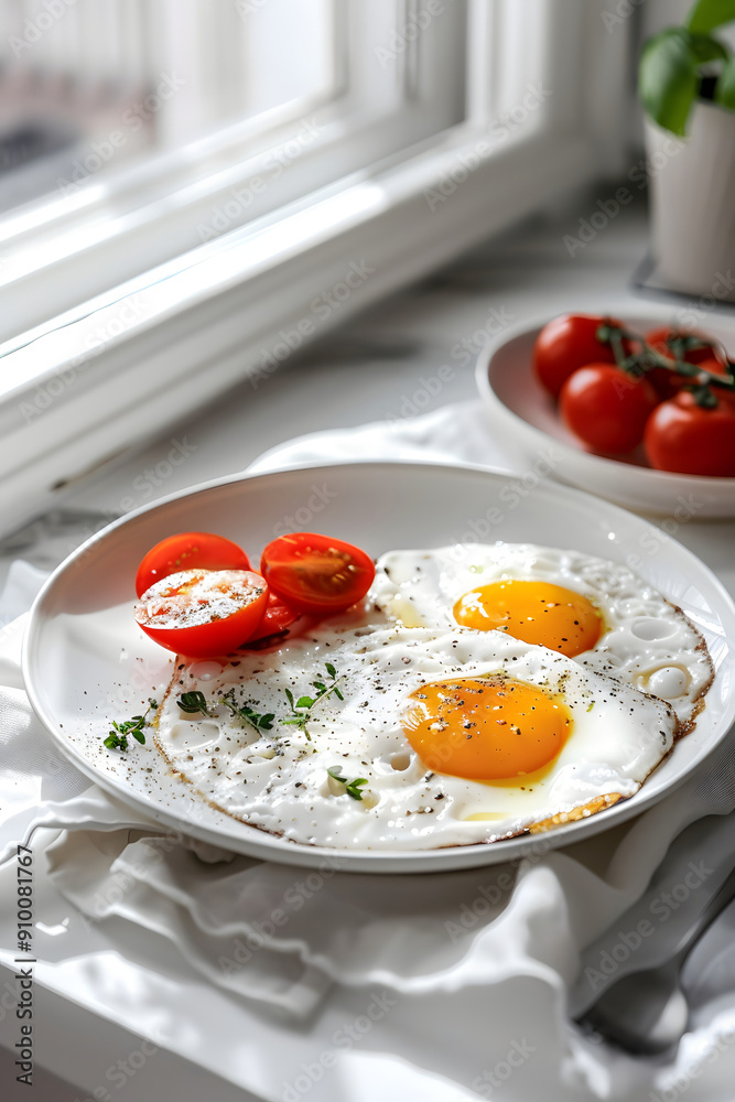 Scrambled eggs with tomatoes in a bright kitchen. Preparing a healthy egg breakfast Scrambled eggs with tomatoes in a bright kitchen. Preparing a healthy egg breakfast
