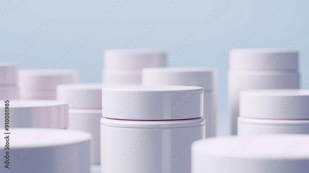 Close-up of white cosmetic jars on a blue background. Close-up of white cosmetic jars on a blue background.