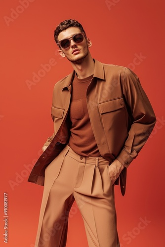 Confident man in stylish brown posing against red back photo