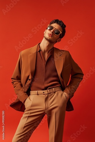 Elegant man fashionably posed in a modern outfit set. photo