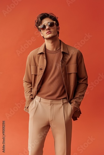 Trendy man in brown casual attire on orange backdrop