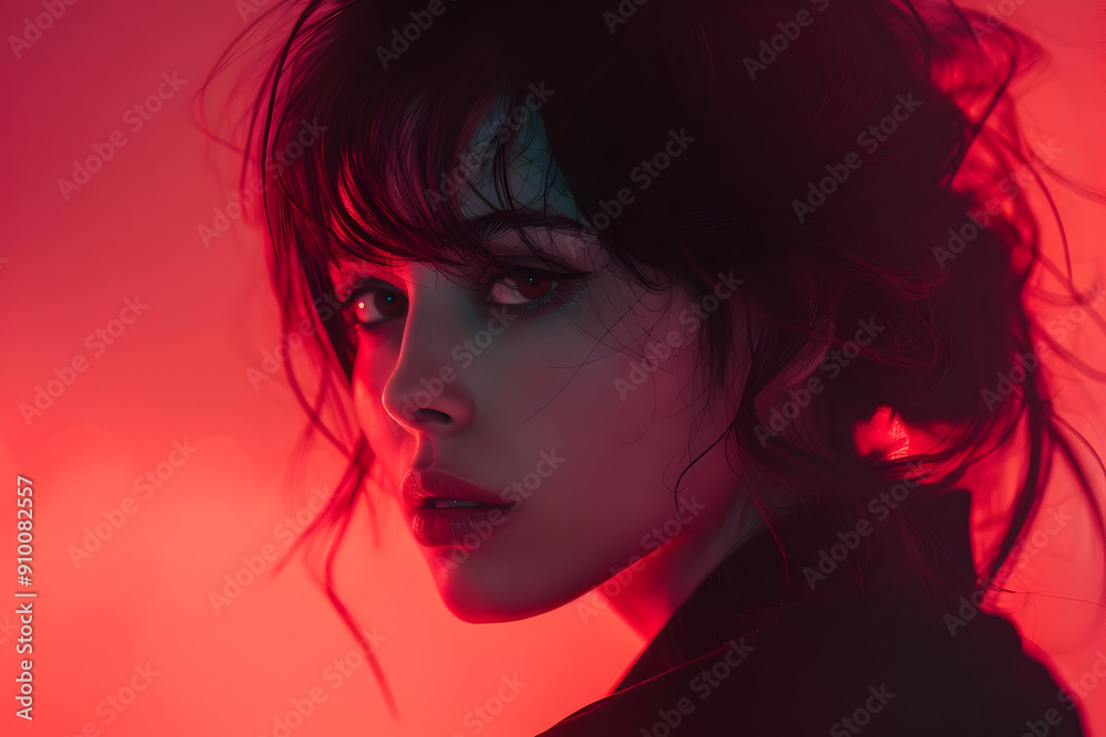 Woman with Red and Blue Lights Illustration Woman with Red and Blue Lights Illustration