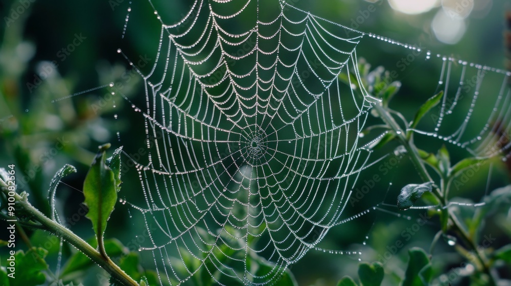 Macro photography in a forest, highlighting the intricate patterns of a spider web covered in morning dew Macro photography in a forest, highlighting the intricate patterns of a spider web covered in morning dew