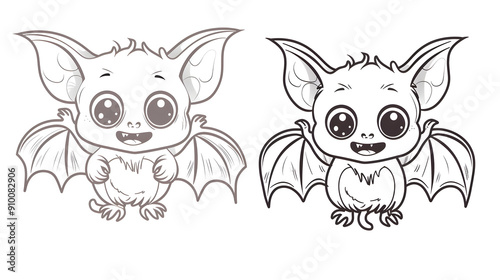 Black and white illustration featuring two adorable cartoon bats with big eyes and smiling faces. Perfect for children's books, coloring pages, and fun, playful designs.