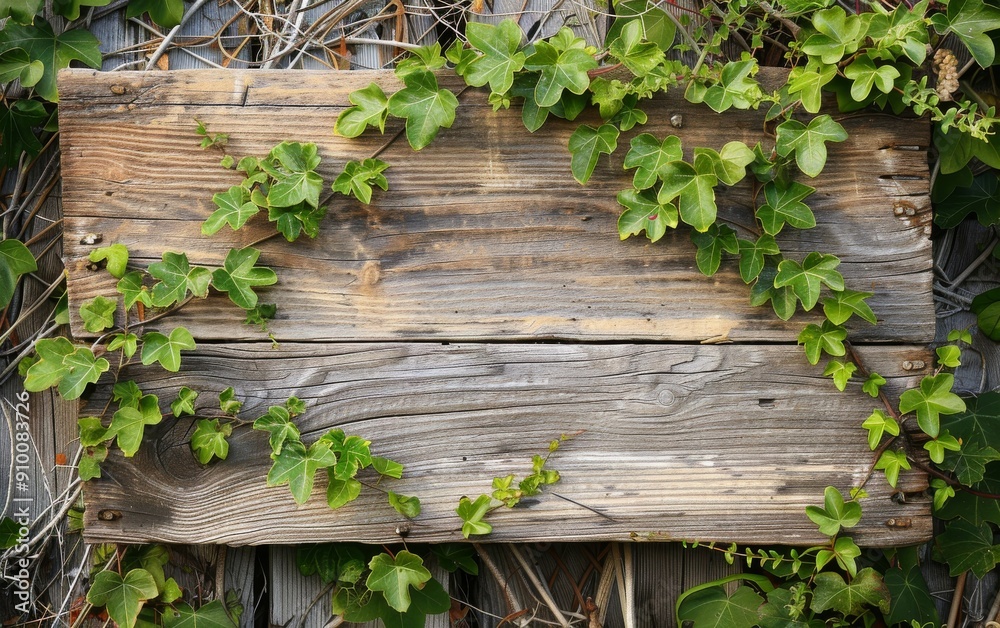Rustic wooden sign adorned with natural vines along the edges, set against an aged wood background. Blank space for personalized text, decorative wall art or outdoor advertising.