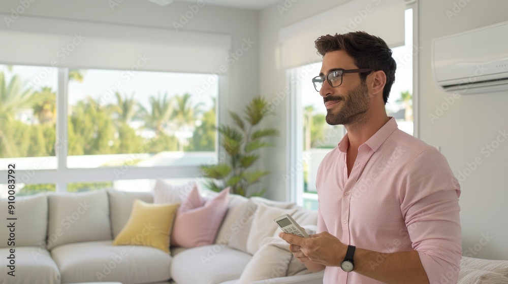 Man in pink shirt holding remote in stylish living area Man in pink shirt holding remote in stylish living area
