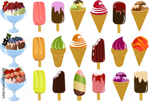 Collection of colorful ice cream.Big set of colorful ice cream with berries in a vector illustration on a transparent background.