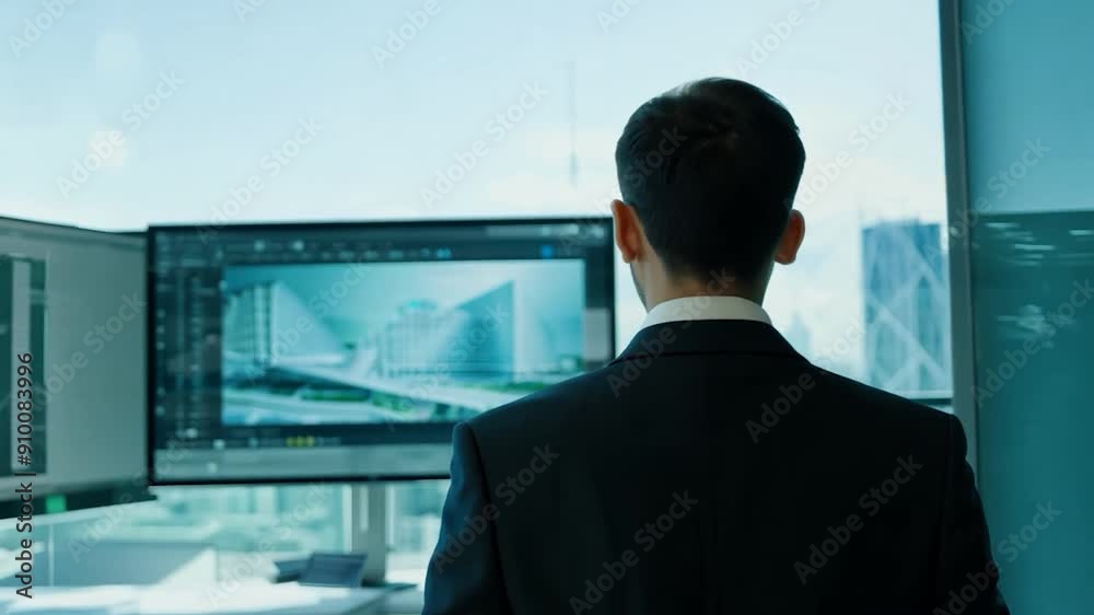 A business professional examines architectural designs displayed on multiple screens in a sleek, modern office environment A business professional examines architectural designs displayed on multiple screens in a sleek, modern office environment
