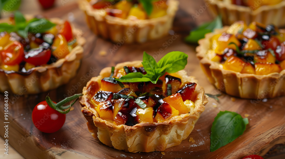 A close-up shot of colorful vegetable tartlets topped with fresh basil, arranged on a rustic wooden board. Ideal for food photography, catering menus, and culinary presentations. A close-up shot of colorful vegetable tartlets topped with fresh basil, arranged on a rustic wooden board. Ideal for food photography, catering menus, and culinary presentations.