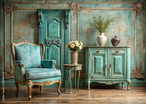 Timeless elegance permeates this vintage living room, where a distressed antique chair sits beside a turquoise wooden cabinet adorned with ornate vases and decorative accents.