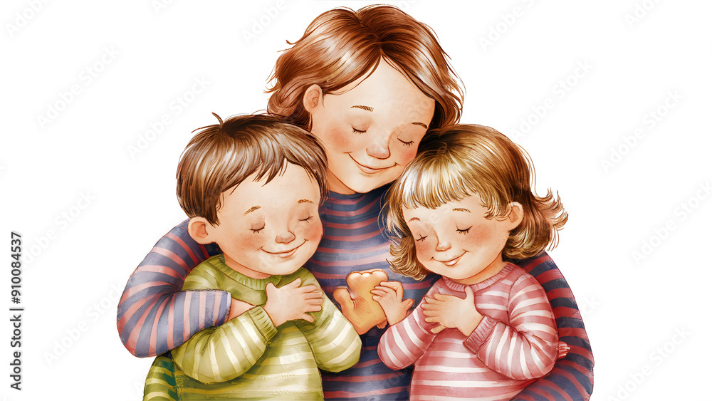 A mother and her two children are hugging each other. The children are smiling and the mother is looking at them lovingly. Concept of warmth and family togetherness A mother and her two children are hugging each other. The children are smiling and the mother is looking at them lovingly. Concept of warmth and family togetherness
