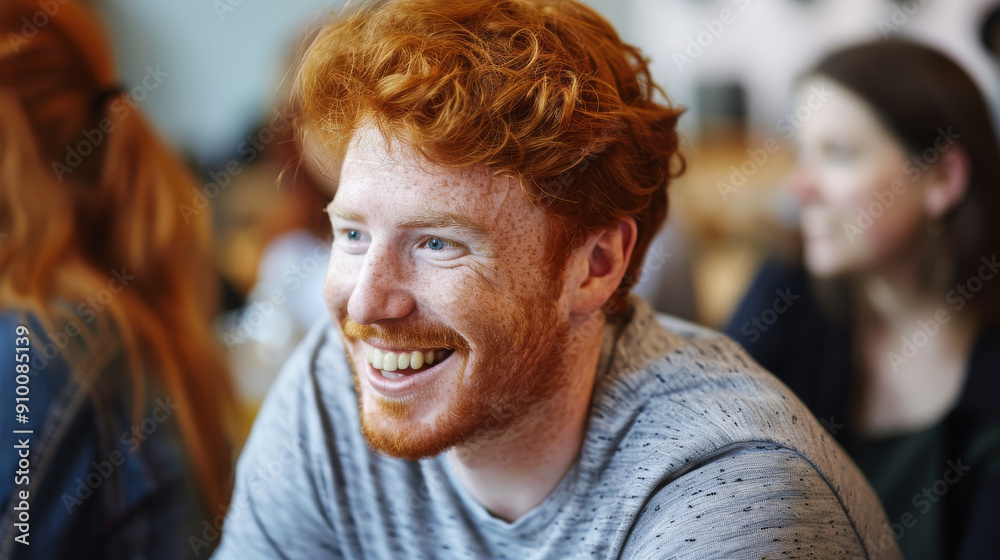 A red-haired man laughs heartily in a bustling social setting, capturing the vibrancy and connection of shared moments with friends. A red-haired man laughs heartily in a bustling social setting, capturing the vibrancy and connection of shared moments with friends.