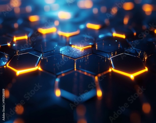 Abstract technology background concept with hexagon pattern and glowing light effects. Vector illustration in the style of abstract, ultra realistic, stock photo, high resolution photography, insanely