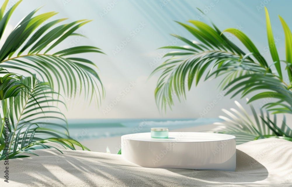 a serene tropical beach setup featuring a stylish podium for product presentation, surrounded by lush palm fronds and tranquil blue waters. a serene tropical beach setup featuring a stylish podium for product presentation, surrounded by lush palm fronds and tranquil blue waters.