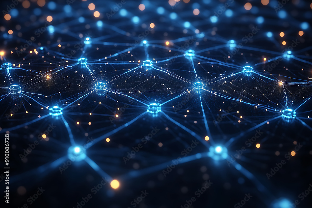 Abstract digital network with glowing nodes and connections, representing data, technology, and connectivity in a futuristic style.
Abstract digital network with glowing nodes and connections, representing data, technology, and connectivity in a futuristic style.